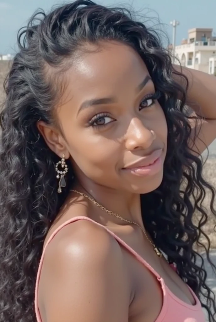 A 23-year-old beautiful black woman, ((pechos grandes)), ((hiperrealismo)) ,. blonde hair with light black roots. cabello rubio, Hair with brown roots, cabello extra largo, cabello muy largo, Beautiful, Front view, selfie, photo taken with iPhone, escotada, selfie in the garden, high quality, selfie iPhone, cleavage