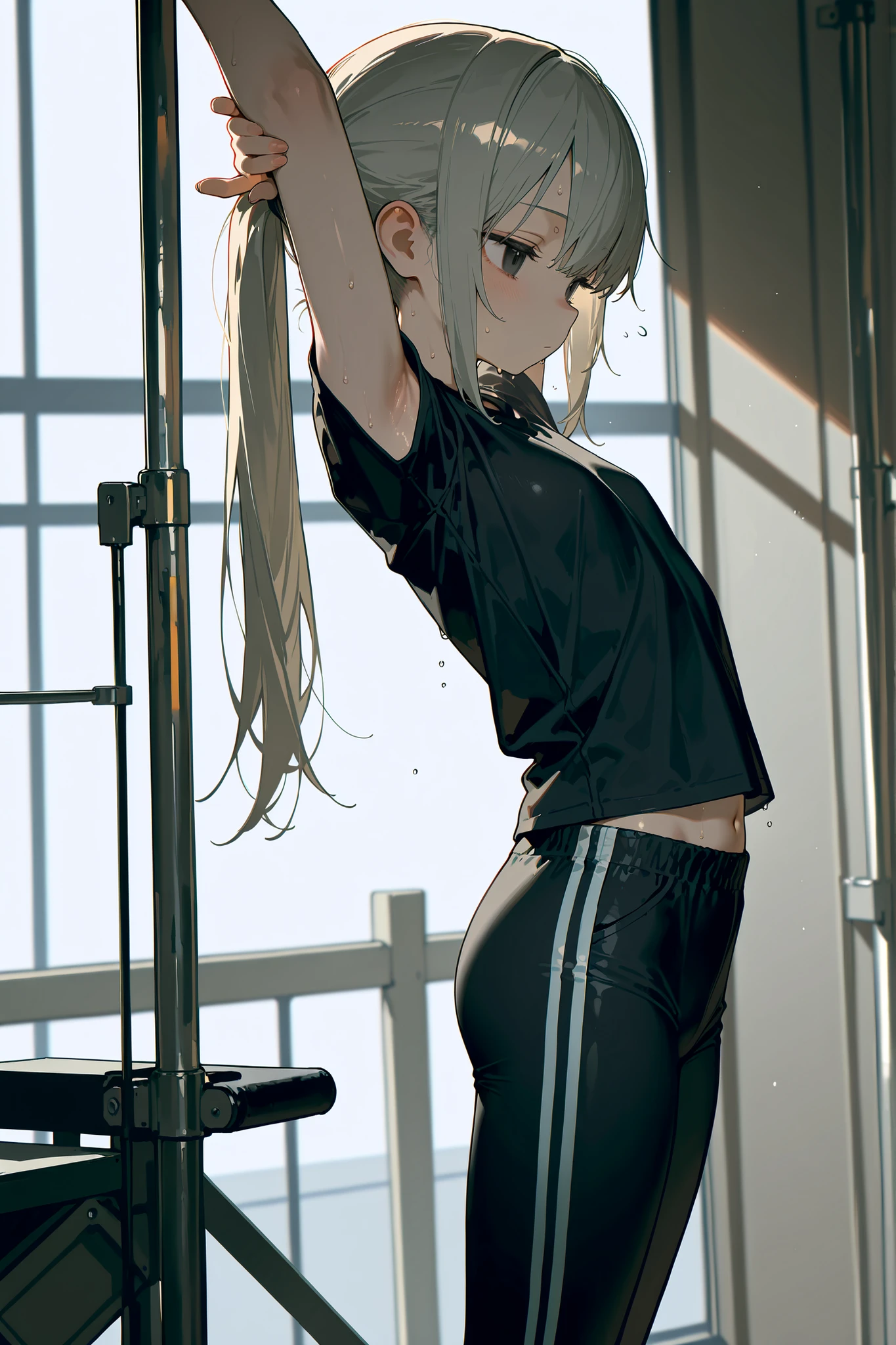 (masterpiece, sidelighting, finely detailed beautiful eyes: 1.2), ((best quality)), ((masterpiece)), (highly detailed:1.3), anime, (plain eyes: 1.2), flat chest, petite body, adult girl, apathetic, emotionless, darkened eyes, long hair, silver hair, ponytail, black eyes, black shirt, sport pants, training, stretching, standing alone, fists, side view, wounded girl, slightly sweaty, (sweat drops), masterpiece, clean image, high res, HD, high quality