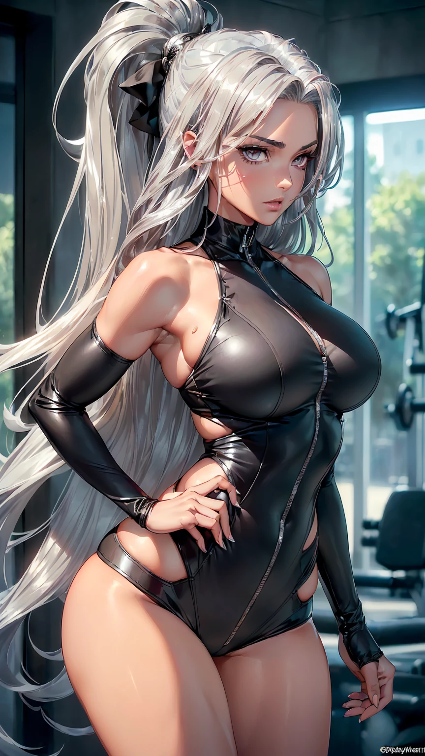 big, nipple visible, shiny skin, realistic, beautiful gray hair, watch viewer, simple background