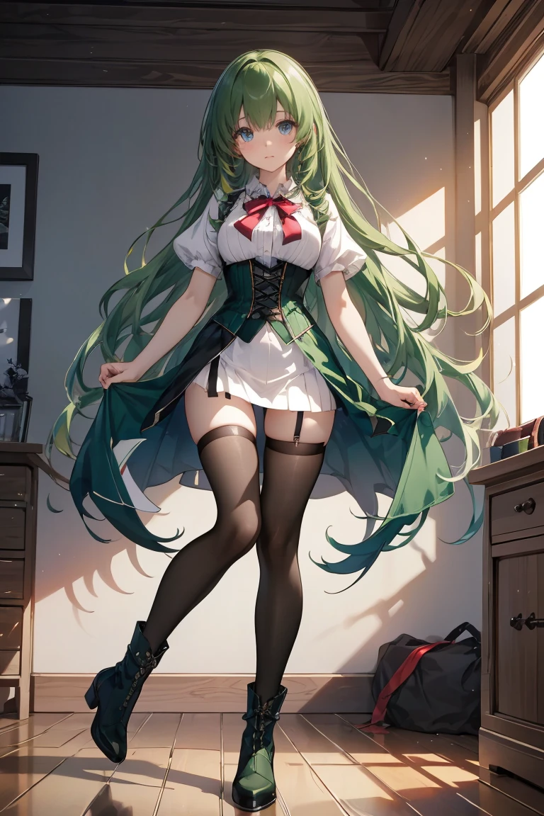 (masterpiece, top quality, best quality, official art, beautiful and aesthetic:1.0), (8k, best quality, masterpiece:1.2), very long hair,(full body:1.3), (large breasts:1.4), very long hair, high heels, black thighhighs, micro skirt, green hair, tall girl, school girl uniform ,