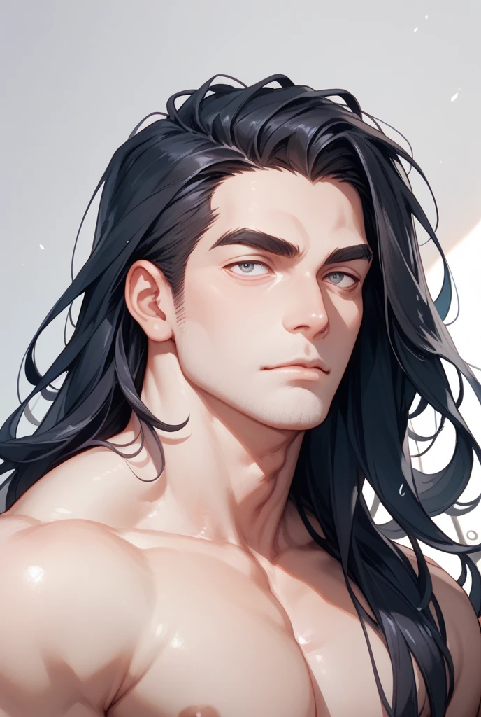 humans, A young man of 25 years, man, defined body, very long hair, black hair, lower lip piercing, clear skin, black eyes, Frantically sucking a huge hairy cock. 