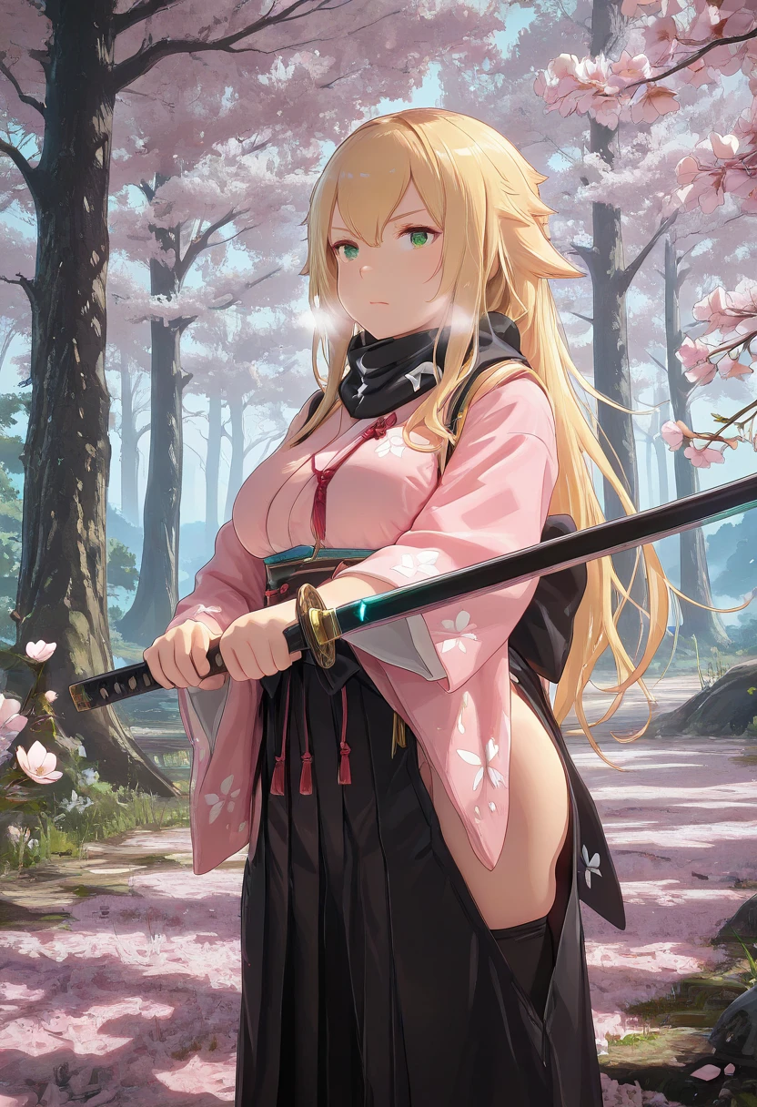 , aidmamj6.1, shiny skin, ((anatomical correct)), ((Cinematic, unreal engine, eye-catching, ambient occlusion, UHD, masterpiece)), ((perfect lighting, soft shadow)), perfect body, perfect eyes, perfect fingers, gasping, heavy breathing, gasping profusely, ((skindentation)), ((curvy)), hair flaps, hair between eyes, long hair, blonde hair, green eyes, plump, 1girl, weapon, sword, solo, japanese_clothes, holding, katana, holding_weapon, holding_sword, cherry_blossoms, hakama, kimono, looking_at_viewer, scarf, forest, flower, skirt, pink_kimono, outdoors, nature, glowing, closed_mouth, sash, black_hakama, petals, hakama_skirt, obi, tree, ninja