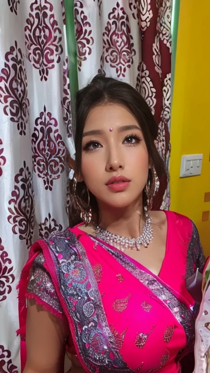 there is a woman in a pink sari posing for a picture, with lovely look, with accurate face, wearing bihu dress mekhela sador, very very very beautifull face, assamese aesthetic, traditional beauty, very beautiful girl, indian, beutiful face, assamese, beuatiful face, with kind face, very very low quality picture