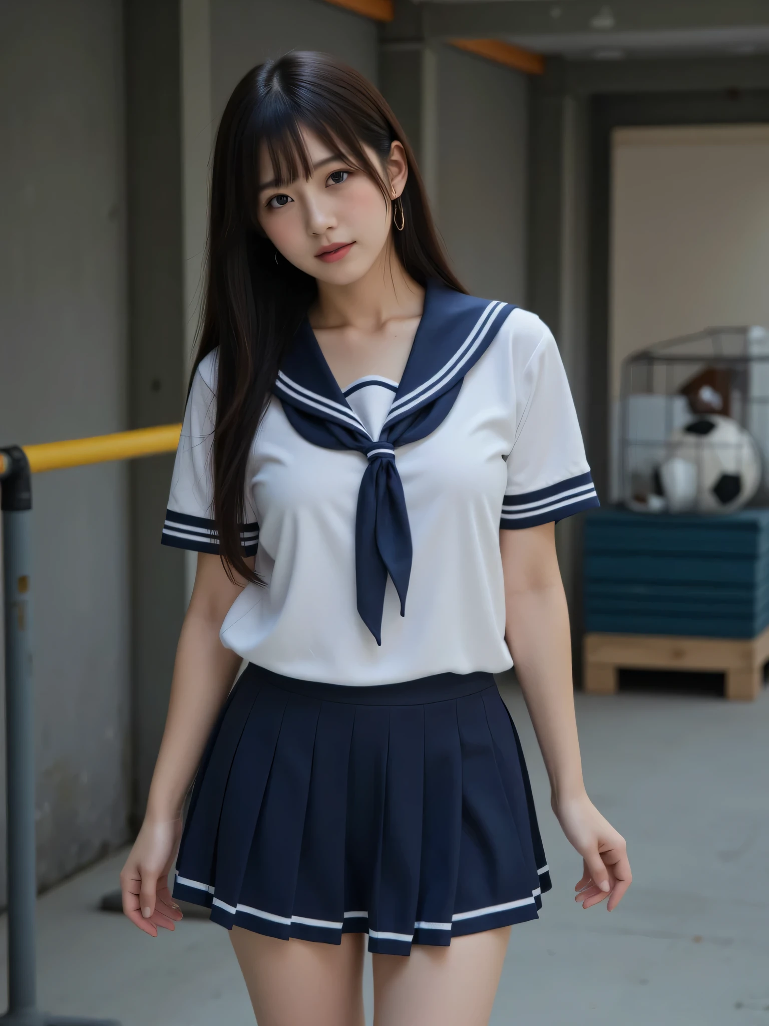 japanese cute idol, Japanese cute girl, kawaii, a beautiful young girl dressed up as a sailor, 1girl, solo, school uniform, serafuku, skirt, (The normal face of Japan),(The plain face of Japan ),(Curvy Body),(High school uniform、Wearing school uniform) black hair、 pleated skirt 、a beauty girl,large breast,focus breasts,show bra ,underwear ,navel, Messy narrow Sports warehouse room. dark light gray hue shift. Dim lit. Evening. slightly old background wall. white floor with few scratches. few crack and little dirt on wall. wooden vaulting boxes. Hurdles. soccer balls in a cage made of iron pipes. Light gray Stacked gymnastics mats. , (embarrassed, nose blush:1.3), dark illumination room