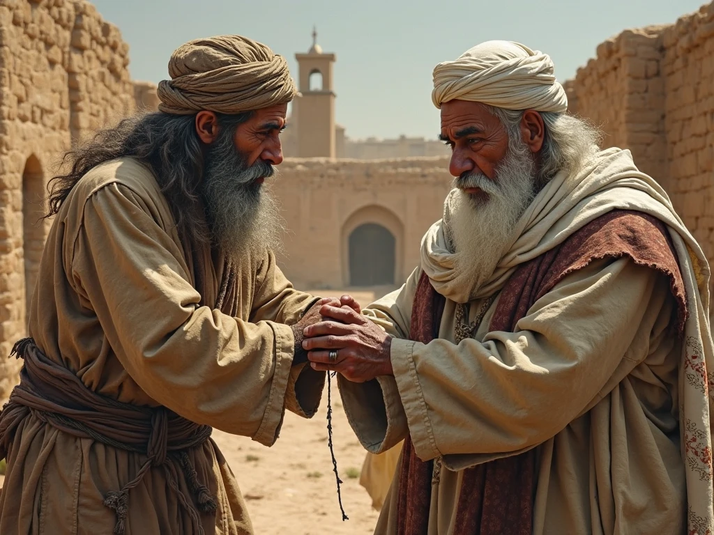 Ancient persia farm. Angry reach man beating poor man farmer.