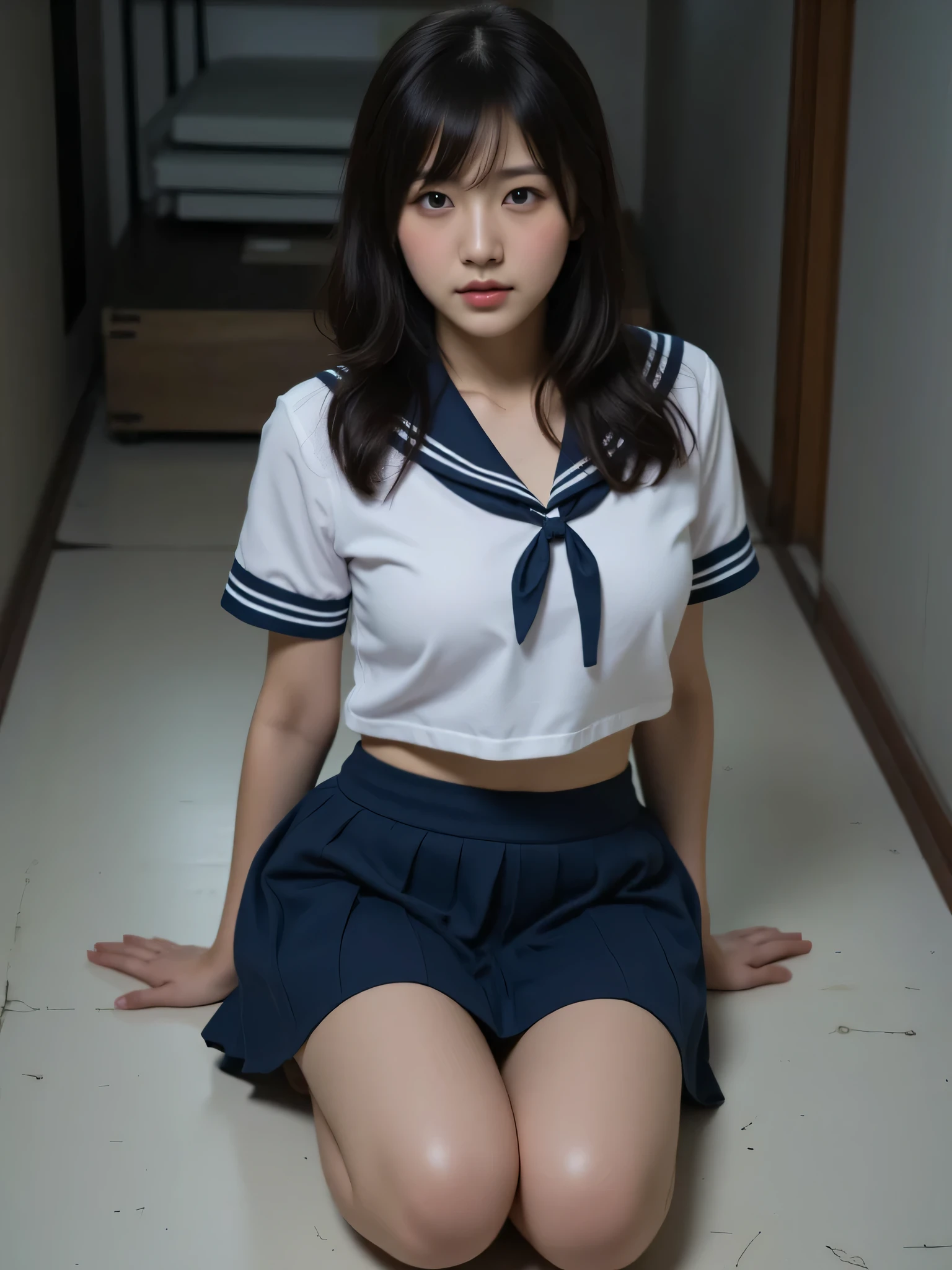 japanese cute idol, Japanese cute girl, kawaii, a beautiful young girl dressed up as a sailor, 1girl, solo, school uniform, serafuku, skirt, (The normal face of Japan),(The plain face of Japan ),(Curvy Body),(High school uniform、Wearing school uniform) black hair、 pleated skirt 、a beauty girl,large breast,focus breasts,show bra ,underwear ,navel, Messy narrow Sports warehouse room. dark light gray hue shift. Dim lit. Evening. slightly old background wall. white floor with few scratches. few crack and little dirt on wall. wooden vaulting boxes. Hurdles. soccer balls in a cage made of iron pipes. Light gray Stacked gymnastics mats. , (embarrassed, nose blush:1.3), dark illumination room