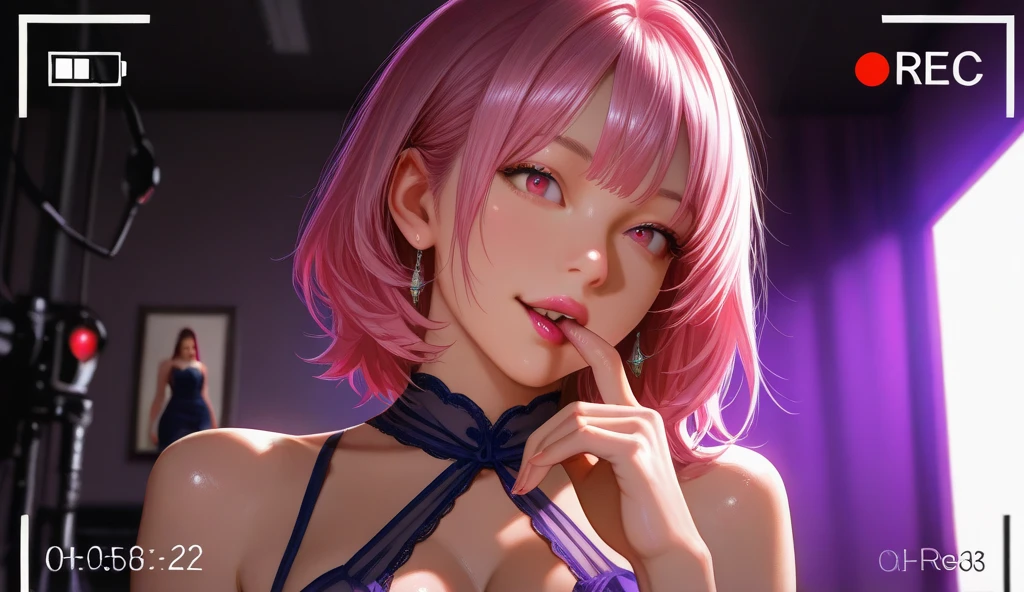 blush, smile,glowing aura, natural light, masterpiece, glossy skin, juicy lips , ,sexy, hot, evil,juicy lips hour glass, , juicy lips, , slender body, small , huge ass, pink hair, short pink hair,looking up, smile, ultra detailed , , ((wavey hair)), purple eyes, selfie, short hair,