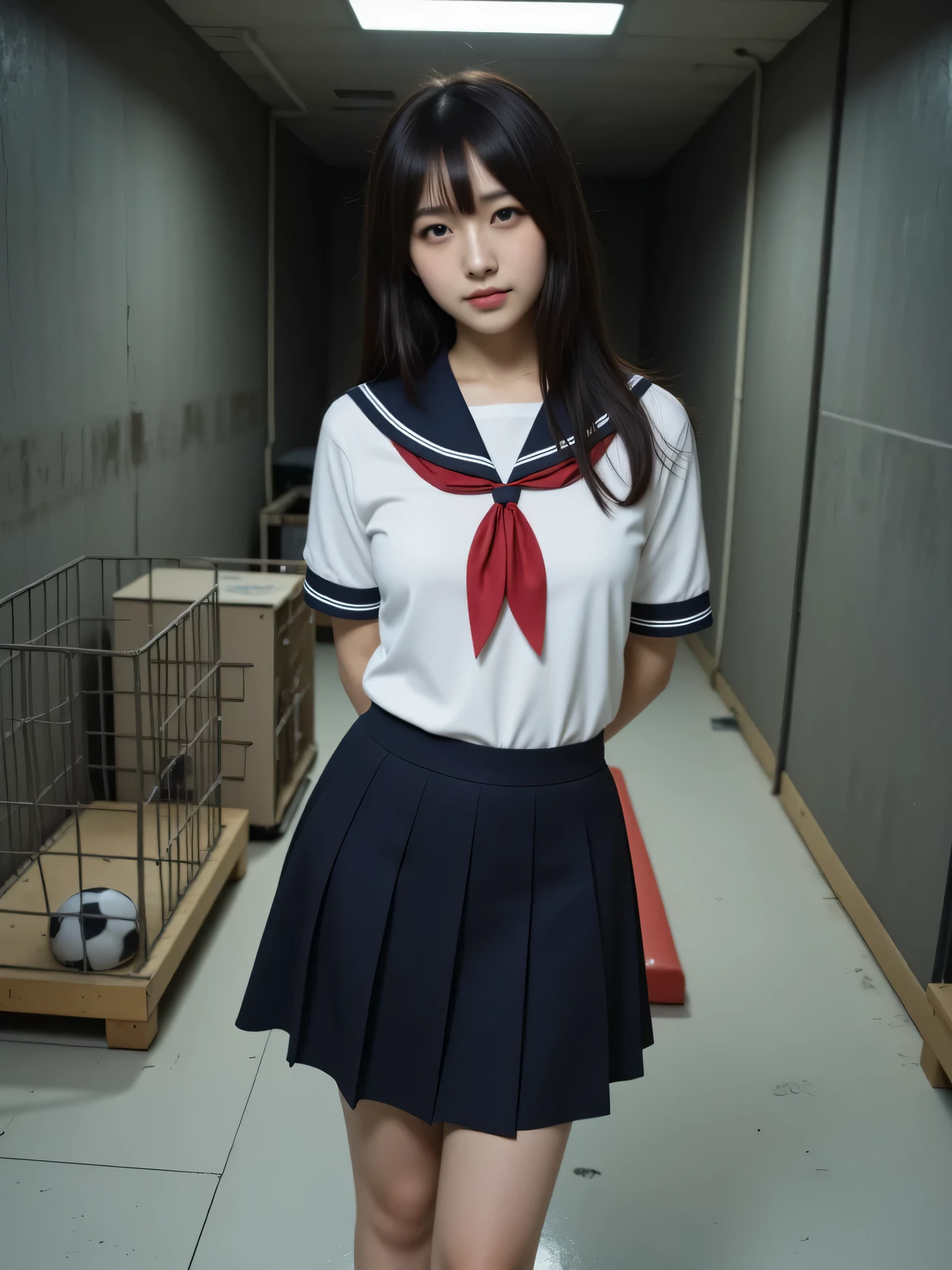 japanese cute idol, Japanese cute girl, kawaii, a beautiful young girl dressed up as a sailor, 1girl, solo, school uniform, serafuku, skirt, (The normal face of Japan),(The plain face of Japan ),(Curvy Body),(High school uniform、Wearing school uniform) black hair、 pleated skirt 、a beauty girl,large breast,focus breasts,show bra ,underwear ,navel, Messy narrow Sports warehouse room. dark light gray hue shift. Dim lit. Evening. slightly old background wall. white floor with few scratches. few crack and little dirt on wall. wooden vaulting boxes. Hurdles. soccer balls in a cage made of iron pipes. Light gray Stacked gymnastics mats. , (embarrassed, nose blush:1.3), dark illumination room