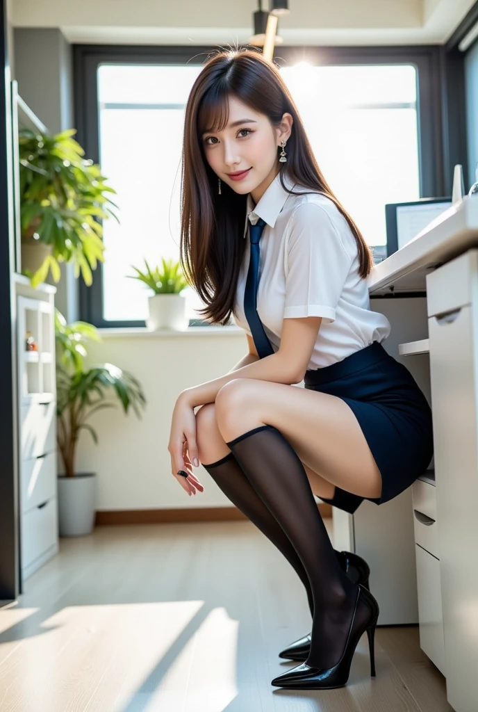 (((Kamimei、Mouth ajar))),(((((pencil skirts、frombelow、Pick up documents on the floor、Black stockings、Navy blue suit and skirt、White ruffled blouse with ribbon、high-heels、raise her legs))))),((In the office、In the company、In the reception room、frombelow))、masutepiece, 1girl in, best qualtiy, Ultra Detail, (shiny), (Small)、(((with blush cheeks,))),Ray tracing,Perfect Lighting, (milky skin:1.2),reflection,  up looking_で_viewer, blush, bow ribbon, Medium Curl Hair、yellow_Eyes, White choker, Low_Twin-tailed、Japan's cutest 28-year-old beautiful girl、Small ribbons in the hair、Contrast Legs