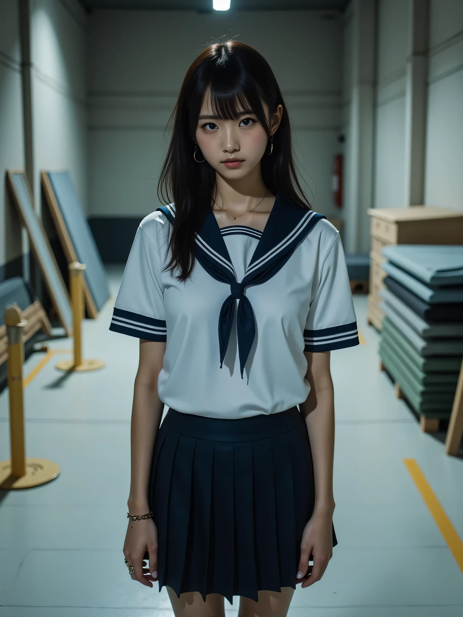 japanese cute idol, Japanese cute girl, kawaii, a beautiful young girl dressed up as a sailor, 1girl, solo, school uniform, serafuku, skirt, (The normal face of Japan),(The plain face of Japan ),(Curvy Body),(High school uniform、Wearing school uniform) black hair、 pleated skirt 、a beauty girl,large breast,focus breasts,show bra ,underwear ,navel, Messy narrow Sports warehouse room. dark light gray hue shift. Dim lit. Evening. slightly old background wall. white floor with few scratches. few crack and little dirt on wall. wooden vaulting boxes. Hurdles. soccer balls in a cage made of iron pipes. Light gray Stacked gymnastics mats. , (embarrassed, nose blush:1.3), dark illumination room