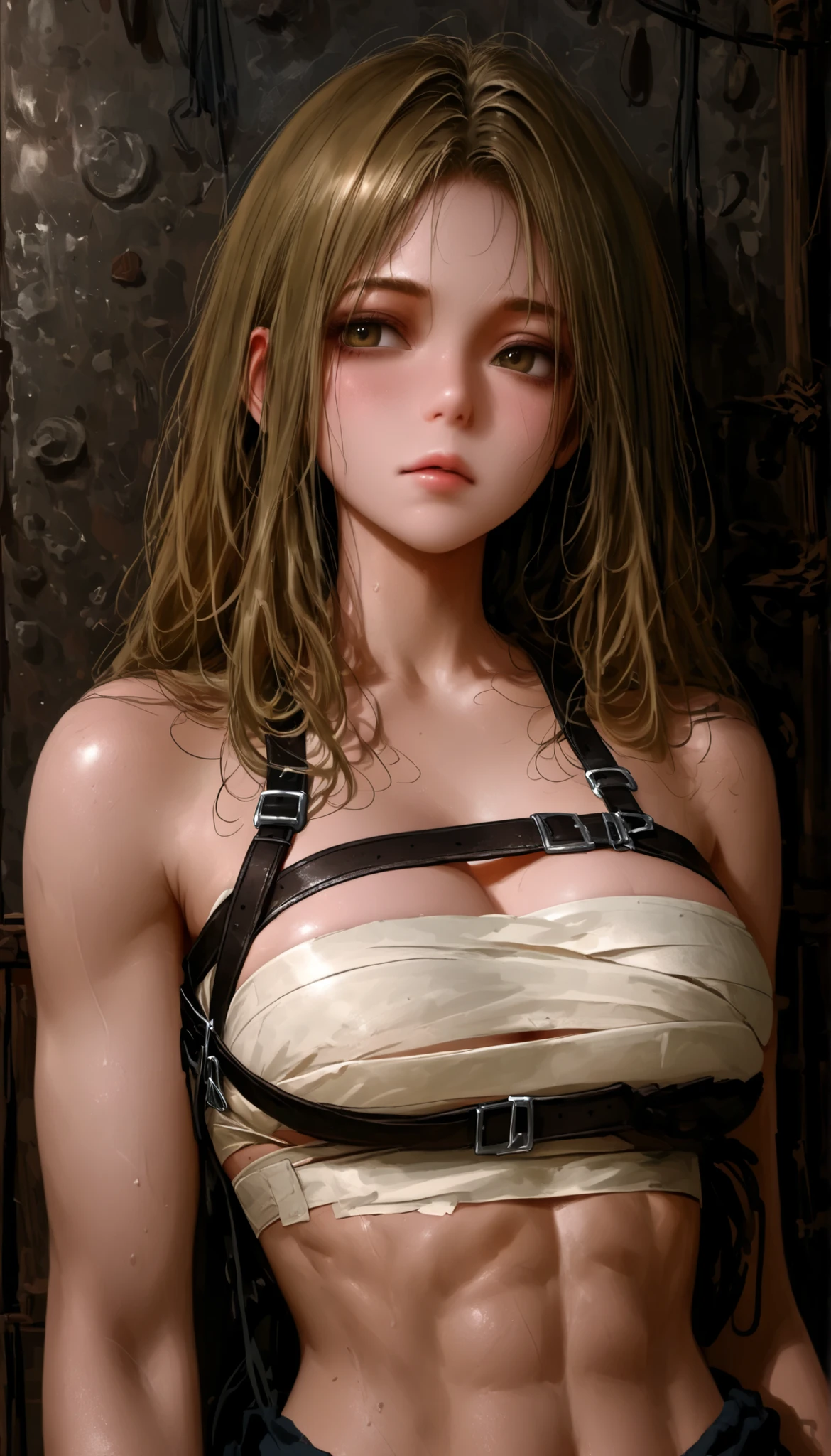 {best quality}, {very aesthetic}, {ultra-detailed}, {best illustration}, nsfw, nude, pussy, restrained, chain, embarrassed, {sweat},20 years old, mature sexy female, big breasts, (nipple piercing:1.3), wearing nipple piercing and ear piercing and multiple piercing:1.5, brown hair, restrained:1.3, shackles:1.3, trembling