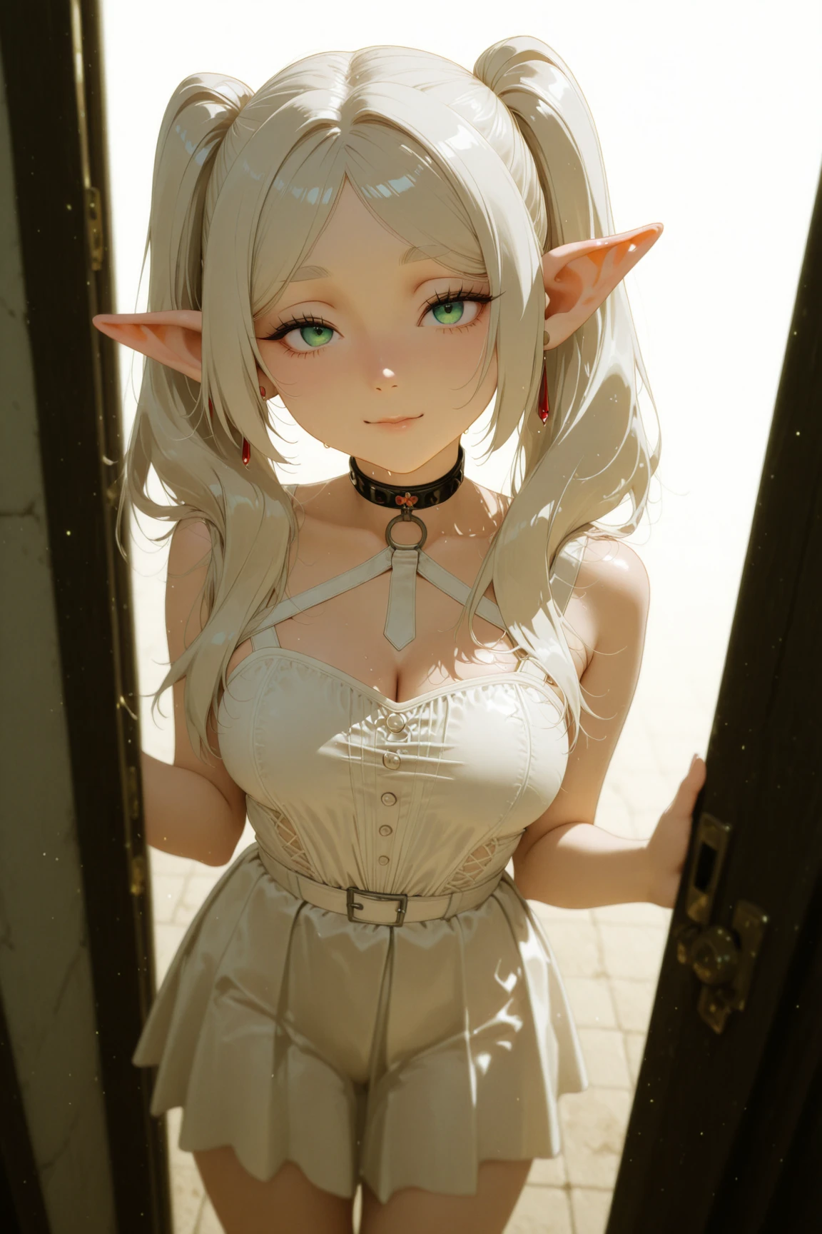 (Elf Woman:1.3), (8K, 最OK品質, masterpiece:1.2), (Practical, photo-Practical:1.37), (original photo:1.3), (Upper Body影像:1.3), 最OK品質, masterpiece, Unity, extremely delicate and beautiful, Very detailed, amazing, fine details, masterpiece, 最OK品質, Official Art, incredibly Abdominal musclesurdres, Large file size, Super detailed, high resolution, Very detailed, Ultra-clear images, Ultra-clear focus, rest, Beautiful and delicate girl, Very detailed eyes and face, Beautiful and delicate eyes, (Korean idol face:1.3), (((There is light on the face, Coordinating Minister:1.3))), (light, 工作室light, 戏剧性的light:1.3), 18 years old, (White sleeveless loose sweater with details:1.3), (Skinny jeans:1.3), Detailed clothes, Cute appearance, (Elf ears:1.1), (Pale skin:1.3), (shiny blonde hair, Extra long straight hair, Ponytail hairstyle:1.3), (Slender, Abdominal muscles:1.15), (Large Breasts:1.3), (Yao Liuer:1.15), rest, (Detailed dark foggy European tree sea background:1.25), BokWell, Depth of Field, early morning, (Charming smile:1.1), (Fashion Model Poses:1.3), smokes, Perfect anatomical structure, Perfect proportion, Neon, looking at the audience, For the audience, Magic scenes, Magic Mark Background,(masterpiece:1.1), (最OK品質:1.1), whole body, short hair, 良OK解剖结构, OK,, (1 girl:1.2), (Detailed face and eyes:1.25), Solitary, Orange Hair, brown hair, Brown eyes, (Huge breasts:1.3), ((White tights:1.2), :1.2), blush, looking at the audience, aldult, Side Chain, Tachibana Kyoka,, Well, character, ,(An unparalleled masterpiece, Side Light, Exquisite and beautiful eyes: 1.2), ultra-Practical 8K CG, Perfect work of art, Upper Body, shiny hair, Glowing eyes, Glowing skin, Practical, 3D Face, Lower chest, Huge breasts, Perfect female body, aldult, ,
