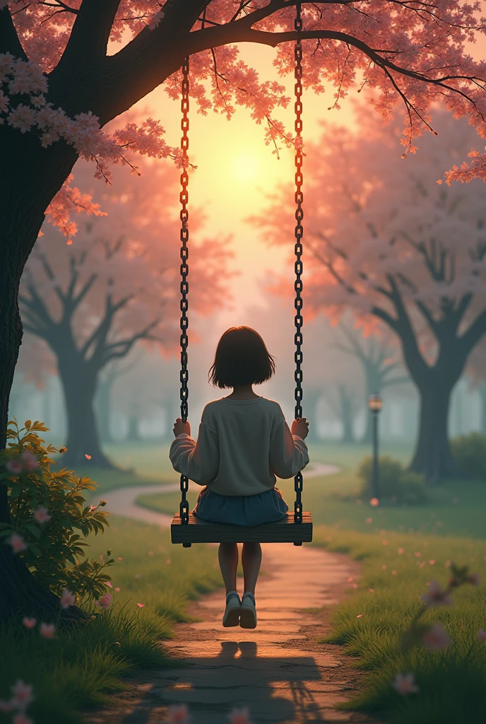 sitting on swing. Garden background. With rays of the sun among the roses and flowers of that garden. alone reflecting on the swing. dark image, tone of loneliness.