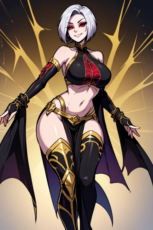 1sologirl, two long thighs, yellow eyes, blonde short hair, large breasts, detached sleeves, very white background, royal tiara, long cape, yellow tiger bikini, high heels, hands on hips. red tattoo on belly navel, full body female MILF BIMBO, lustful smirking smile face (red blush), metal shoulders, golden bracers sleeveless, black choker sex slave