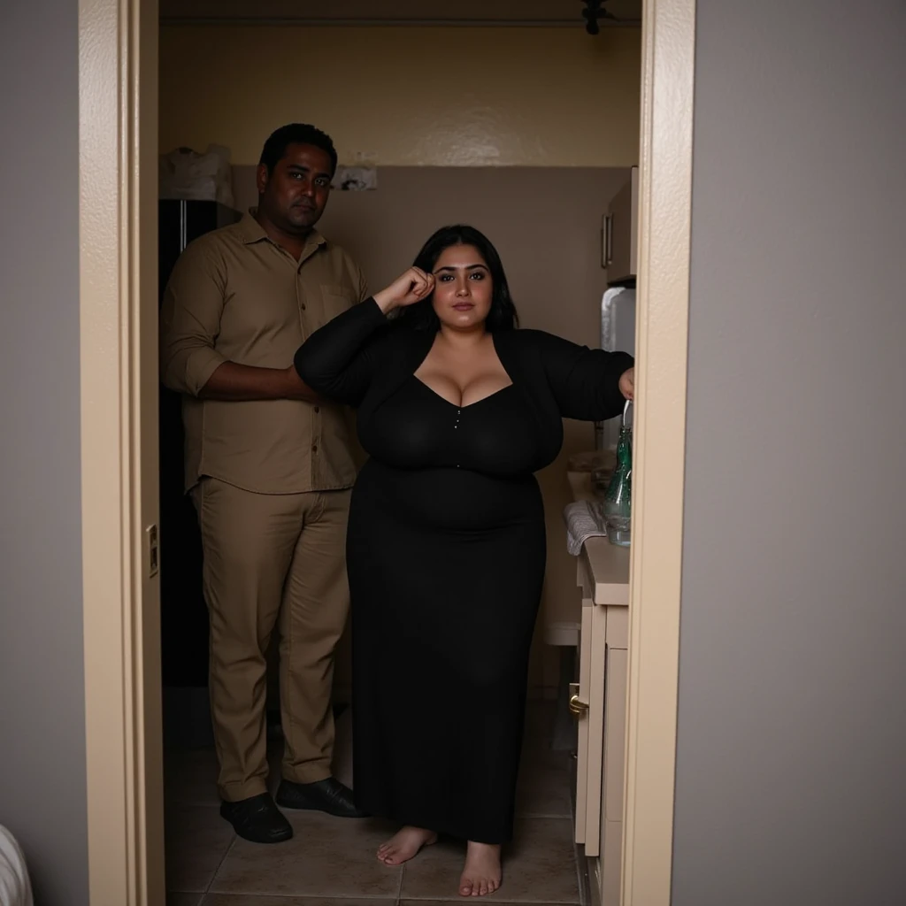 A security officer hugging and kissing a 75 year old very beautiful muslim milf wearing plus sized arab aunty in a security room, full body image and grabbing her ass