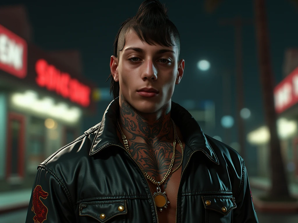 there is a man with a tattoo on his arm and a yellow jacket, mechanic punk outfit, cyberpunk street goon, as a character from gtav, gang saints wear yellow bandanas, detailed punk hair, cyberpunk dyed haircut, gta character, wearing cyberpunk 2 0 7 7 jacket, as the protagonist of gta 5, ingame image, wearing rr diner uniform