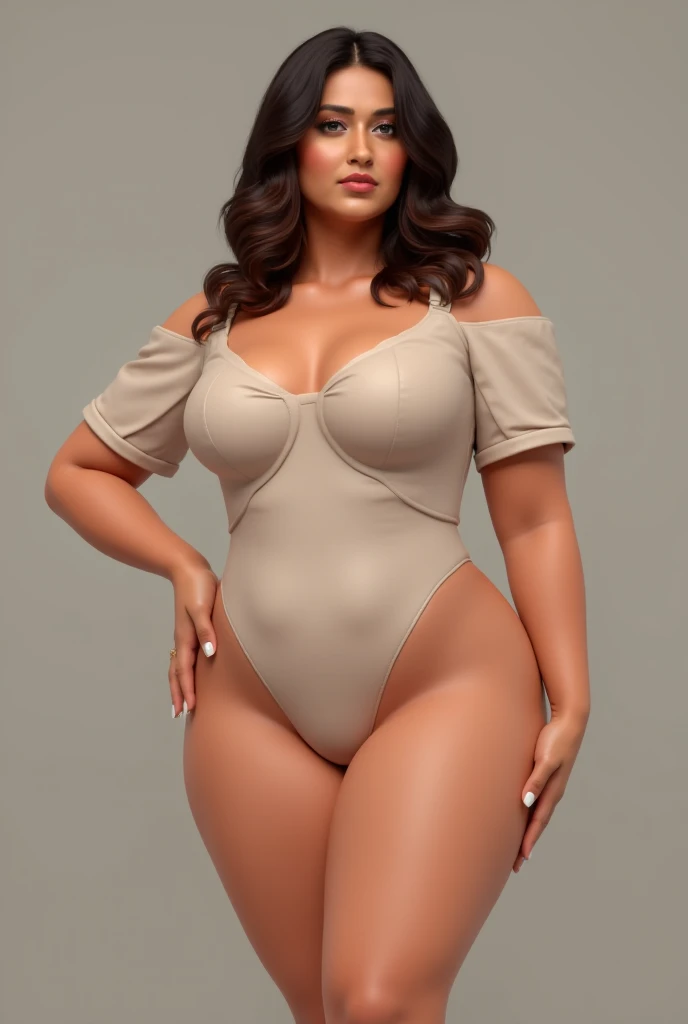 ((Indian milf )),((dusky beauty body)),(( perfect eyes)),((curly medium brunette hair with waves)), standing, ((having perfect Natural round big boobs)),((tall height figure)),((having perfect hourglass figure)),((looking straight to camera)),((Wearing floral white cut neck gown exposing cleavage)), ((Smooth Curvy body)),(((8k quality,realistic high quality)), ((perfect hands)), ((perfect legs)), ((perfect fingers)),((in a simple colour background photoshoot))
