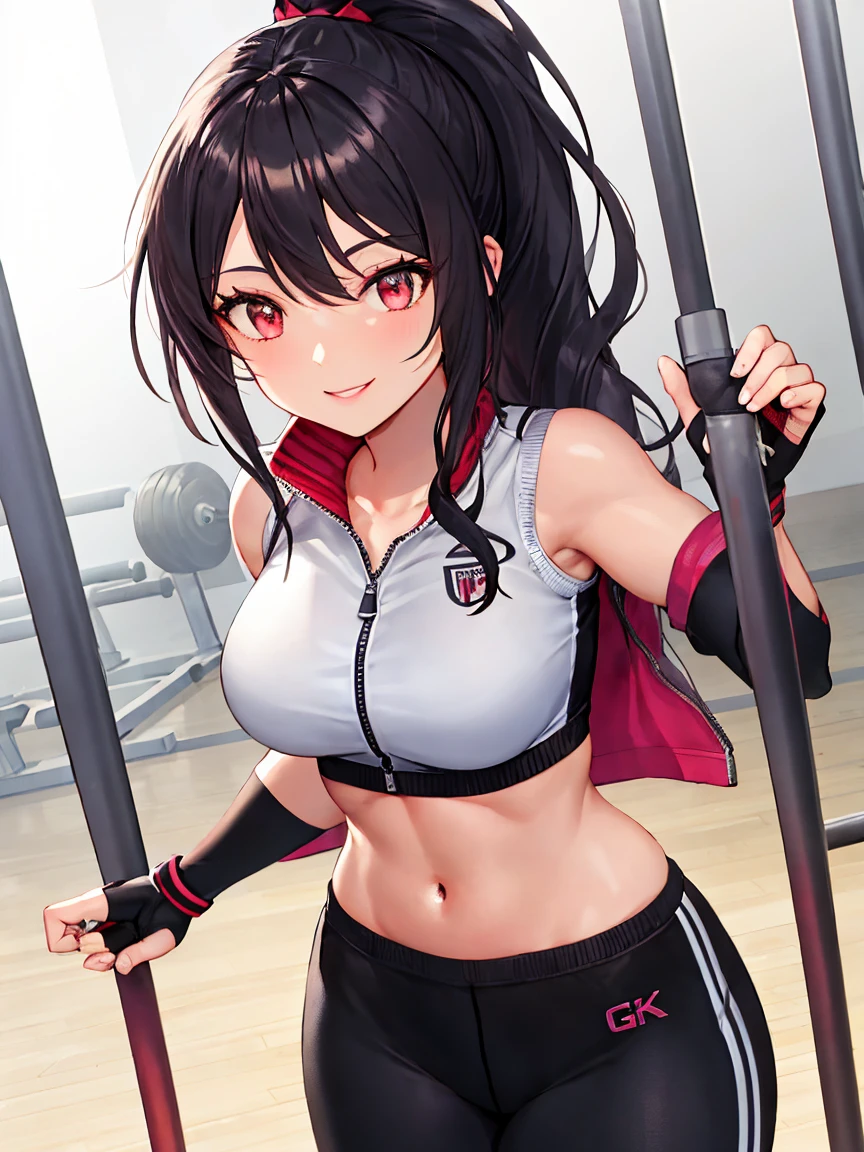 Girl, sports bra, legging, crop top hoodie, sexy body, big breasts, cleavage, big hip, sweating, smiling, beautiful face, detailed face, very detailed eyes, long black hair, twintail hair, red eyes, beautiful eyelashes, (full body), high quality, detailed background, high resolution, red eyeliner make up, blush on, (best quality), gym