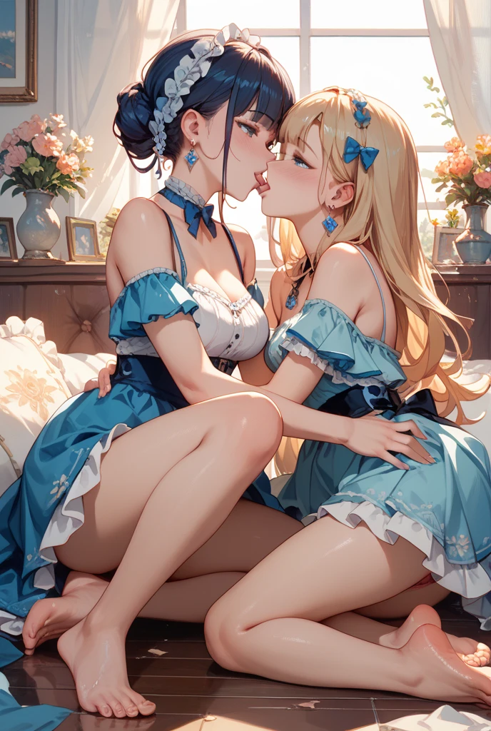 ((highest quality、High resolution、masterpiece))、(((2girls))), Portrait、((１０Year old beautiful girl))、Perfect body、Beautiful breasts、Nipples、Long blonde、bangs、Blue and white、Embellished blue sexy dress、No panties、Embarrassed、((Girl shows pussy))、Love juice