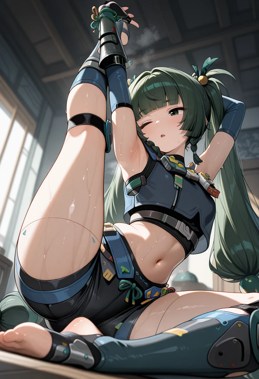 black hair, long hair, sensei, blue eyes, (shaded face:1.2), hollow eyes, slit pupils, blue eyes, looking at viewer, smirk, upper teeth, glowing eyes,, trembling, 1girl, ass, solo, full_body, shoes, socks, stretch, gloves, top-down_bottom-up, looking_at_viewer, /\/\/\, motion_lines, bent_over, huge breasts, outfit-sess, torn bodystocking, police hat, pink Necktie, armband, fingerless gloves, "glow effects, godrays, Hand drawn, render, 8k, octane render, cinema 4d, blender, dark, atmospheric 4k ultra detailed, cinematic, Sharp focus, big depth of field, Masterpiece, colors, 3d octane render, 4k, concept art, trending on artstation, hyperrealistic, Vivid colors, extremely detailed CG unity 8k wallpaper, trending on CGSociety, Intricate, High Detail, dramatic"