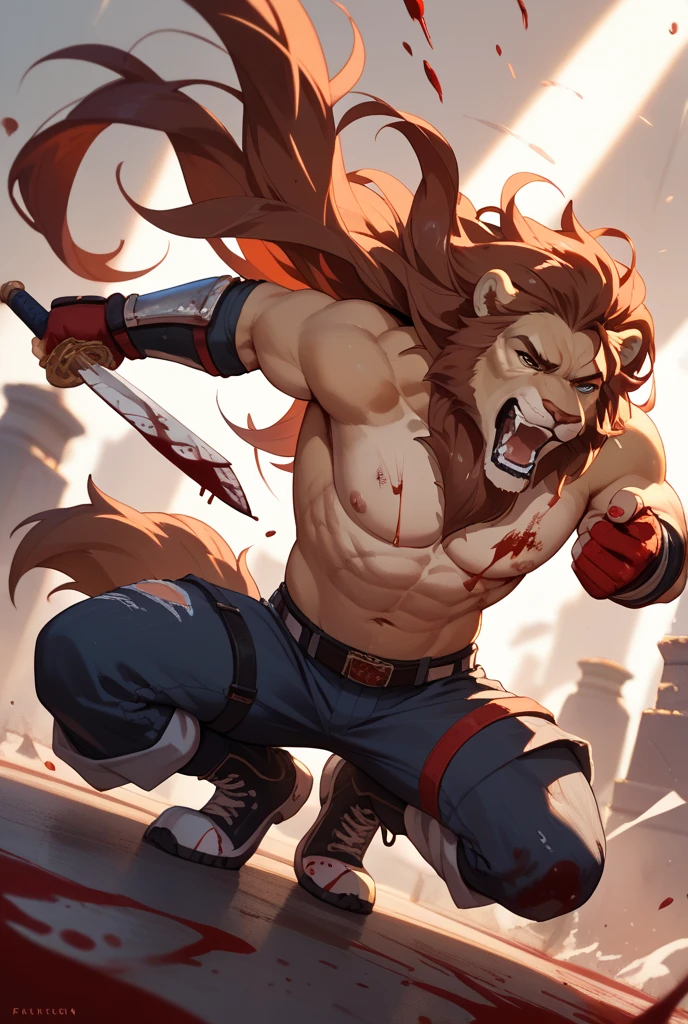 there is a Lion in a military uniform, Lion, in a soldier uniform, commission for high res, topless, SFW, anthropomorphic, extra detailed body, detailed body, Best quality, masterpiece, ultra high res,detailed background,realistic, real shadow and light,depth of field, (looking at viewer), details skin, angry face, Sexybody, Sixpack, muscular, hunky, mercenary uniform, war zone, damaged, huge scar on his body, topless, pain, blood, painful, injury, open shirt, Lion.