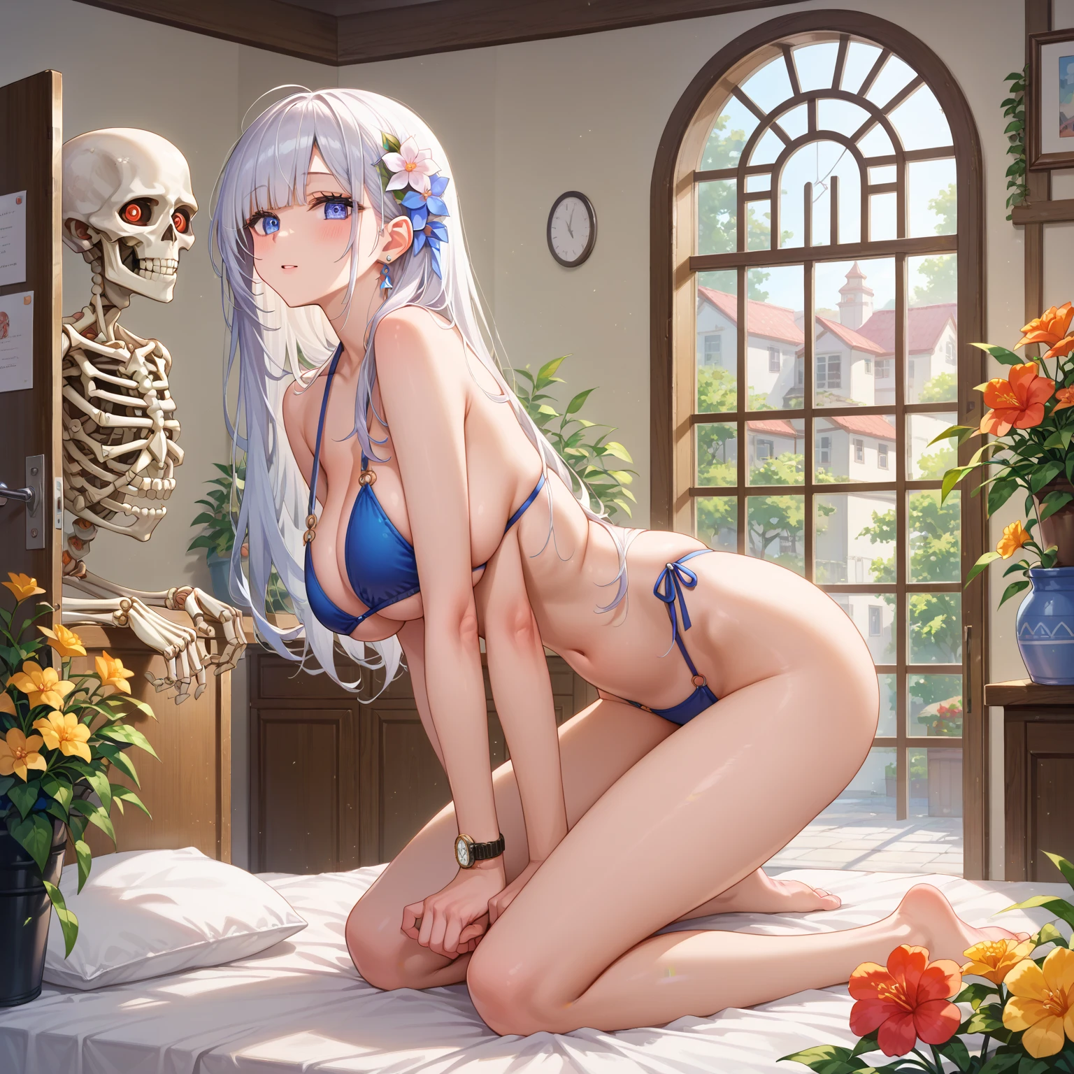 masterpiece, best quality, extremely detailed, (illustration, official art:1.1), 1 girl ,(((( light blue long hair)))), ,(((( light blue long hair)))),light blue hair, , long hair ((blush)) , cute face, big eyes, masterpiece, best quality,(((((a very delicate and beautiful girl))))),Amazing,beautiful detailed eyes,blunt bangs((((little delicate girl)))),tareme(true beautiful:1.2), sense of depth,dynamic angle,,,, affectionate smile, (true beautiful:1.2),,(tiny 1girl model:1.2),)(flat chest) ,The beautiful girl in lace top and leggings is sitting astride a pile of skeletons in the center of the picture. . There are multiple comic storyboards in the background，cbt,(masterpiece, best quality:1.2)，1 beautiful girl,sexy，comic storyboard:2, leggings, sit astride, axially symmetrical:2, ，sounding，cbt，hold，，colorful，trembling，juice，spray， Long hair,Lace top,torogao
