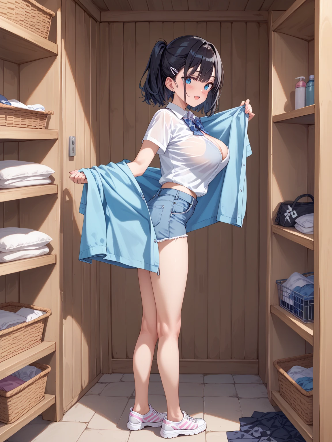 gym storeroom, bob cut、short cut hair、black hair、brown eyes, straight hair、13 year old girl、clenched fist、white panties、white gym uniform、panty peeping, good, Wet, from below、Folded up gym clothes、camel toe、topless、small breasts、embarrassing