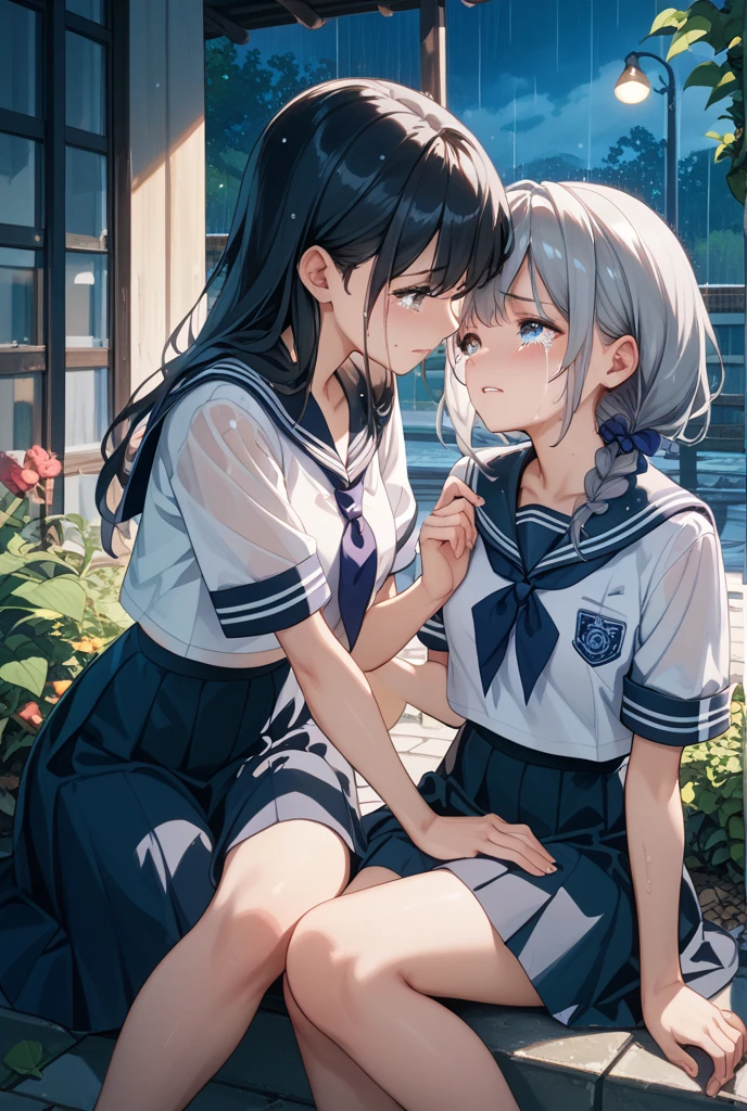 NSFW,vulgarity,Yuri[:1.5],2girls[:1.5],,Silver hair, cute girl, embarrassing, White blouse, black knee-length skirt, Black knee-high socks,Crotch grabbed,,Long Black Hair,White socks､,