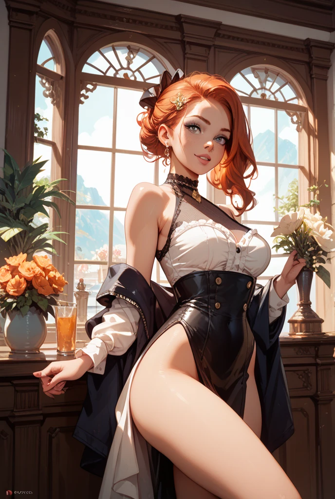 Hyperrealistic, 8k, Top quality, very sharp photo, photoreallistic, fille sexy, long redhead twintails, (white and golden sexy lingerie), (red eyes), detailed lip, Japanese girl, show stocking, large breats, open mouth, full perfect body, sexy necklace, show shoes, standing, garden, harsd, trees, wine, chocker
