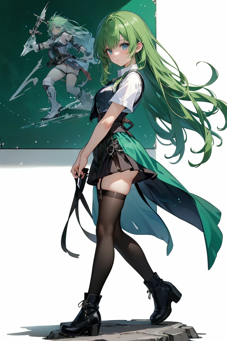 best quality, masterpiece, perfect ???????, 4k, smiling, One woman, Dark green hair, long ponytail, jovial, friendly, pleasant smile, pretty smile, open mouth smile, Gentle feeling, rock fashion, pleated skirt, long boots