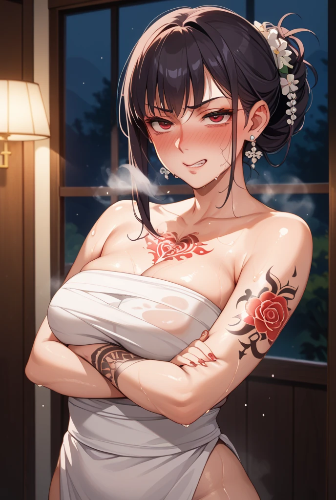 alice, anime art style, 1girl, solo, breasts, looking_at_viewer, smile, short_hair, open_mouth, large_breasts, red_eyes, hair_between_eyes, upper_body, white_hair, :d, blurry, chef