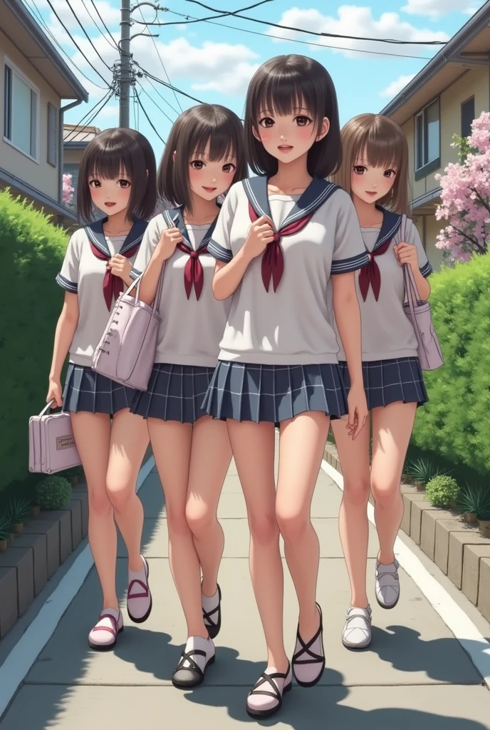 Highest quality, Ultra-high resolution, (Realistic: )2D official style cel animation,((２Girls sitting in a row))Primary school students、brown、ponytail、White Big Ribbon、Glasses、Blue Check Mini Skirt,Summer Shirts,Unbutton、(Lace panties),loose socks,sneakers,Full body portrait,(From below),Station stairs,sunny,Spread your legs、from the front、blush、