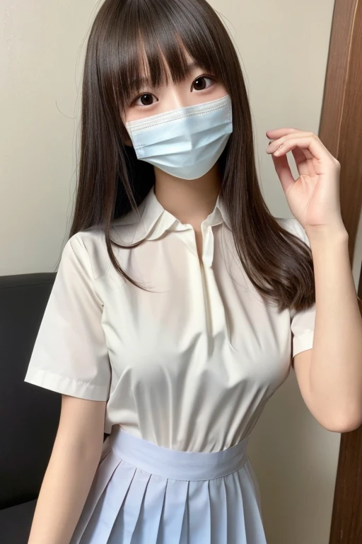 (masterpiece:1.2), Japanese, (((18 years old))), (a girl), (opened mouth wide), (skirt), ((small ribbon)), (((legs spread wide))), ((mouth mask)), on a bed, (((panty))), ((collared shirt)), 