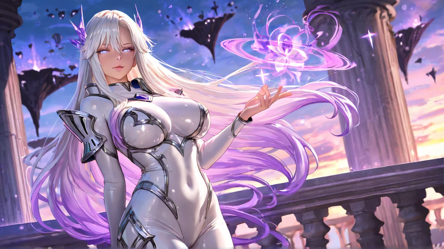 arafed woman in a black and purple outfit holding a knife, thicc, mighty plump female sorceress, goddess. extremely high detail, galactic sized goddess, extremely detailed goddess shot, wlop and rossdraws, cinematic goddess body shot, rossdraws 1. 0, wlop rossdraws, commission for high res, rossdraws 2. 5, white skin, no bra, white hair, cleavage, wide hip. thick thigh