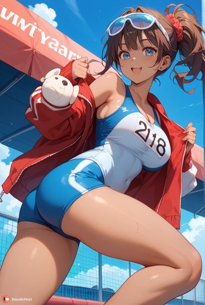 (perfect composition),imagined a girl in extreme sport outfit playing to a flying disc game in a beach arena game sport, masterpiece, ultra-detailed, 80's anime (style), 2D, megapixel, perfectionism, full HD , 4K, (windjammers), windjammers sport game, windjammers 2 (((((solo mature anime woman,)))))++++++++++++++++++, looking at viewer, full body, brown hair and pink hair, short hair, weird hair, smile, lips, eyelashes, medium breasts, gym uniform, uniform, gym shorts, headband, sports bra, elbow pad, knee pad, extreme sports outfit 80's theme, beach background, playing flying disc game on a beach court game, sea, sun in the sky, sports wear