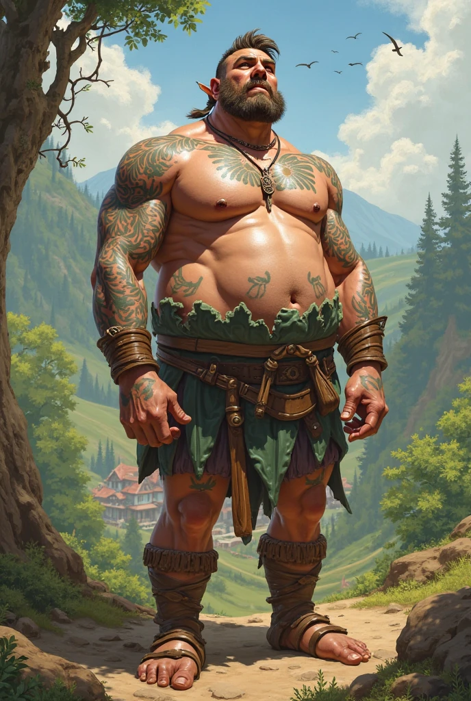 intricate details, high definition, vivid colors, particle effect, mature old man, grandpa, virile, tough, fat, hairy, bulging muscles, massive feet, pale skin, ugly, sweaty, smelly, micro thong, bright adornments, furion, nature's prophet, leaf coat, holding a staff, standing in a magical forest