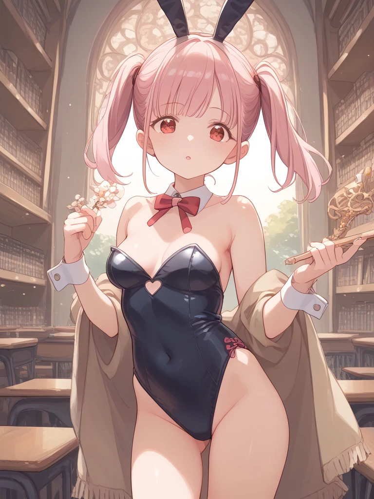 Masterpiece,1girll,Solo, Pink girl,Bunny Girl,classroom desk，Rabbit ears，4k wallpaper，