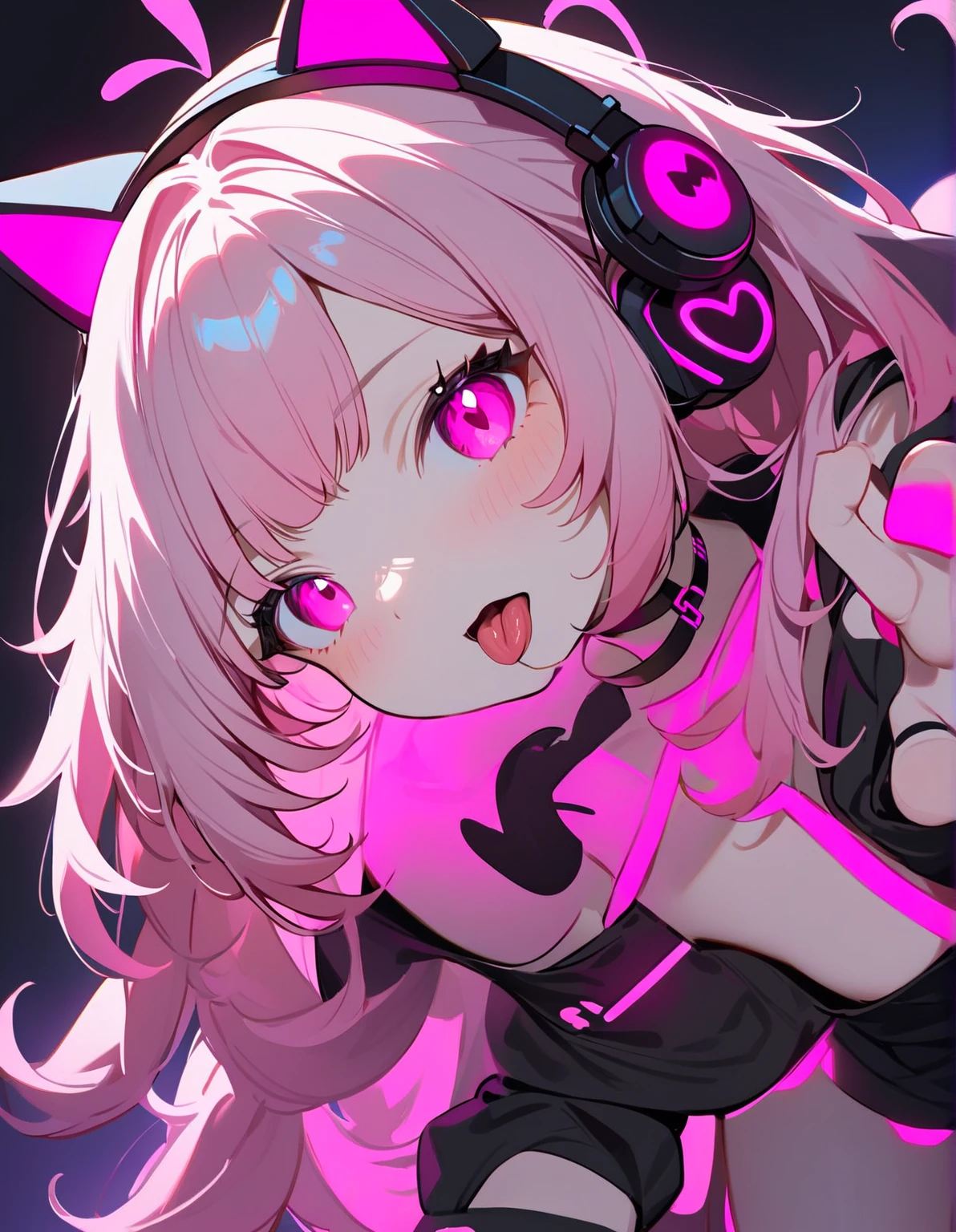 1 girl, black silk wool curly hair, cat ears, pink ballet skirt, plush cat paw gloves, sweet and cute, luminous palette, and is a vector illustration with high resolution, high detail, high quality, high definition, high sharpness, high contrast, high vibrance, high saturation, and high octane style, perfect light, (light smile : 0.9), illustration, (anime coloring:1.1), BREAK (masterpiece:1.2), (best quality:1.2), newest, (intricate details:1.2), ai-generated, best quality, wearing a face mask, black face mask, detached hair, beautifully detailed face mask, hair between eyes, solo, shiny eyes, glasses,headphones