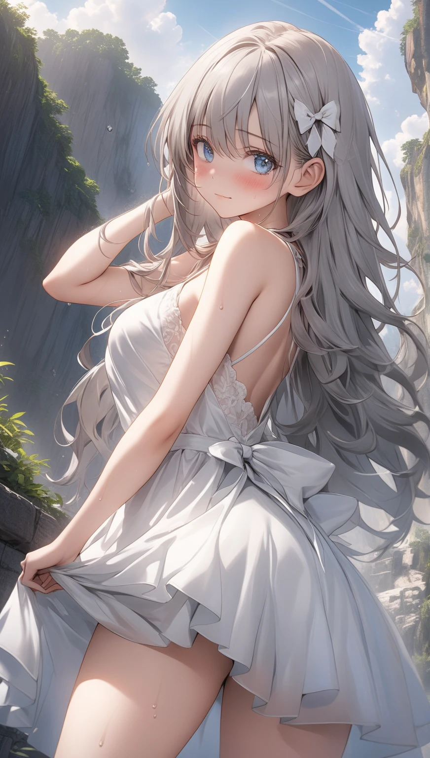 Big Breasts:1.2、、Highest quality、Very detailed、Highly realistic eye masterpiece、Highest quality、Very detailed、Gray Hair、Perfect Face、Long Hair、White Dress、Sundress、anime、countryside、Gutter Belt、White Stockings、{{{{{M-shaped legs}}}}}、nsfw、From the side、Slightly transparent、Crotch、I can see it、hide、The wind is blowing、Skirt rolled up、A glimpse、