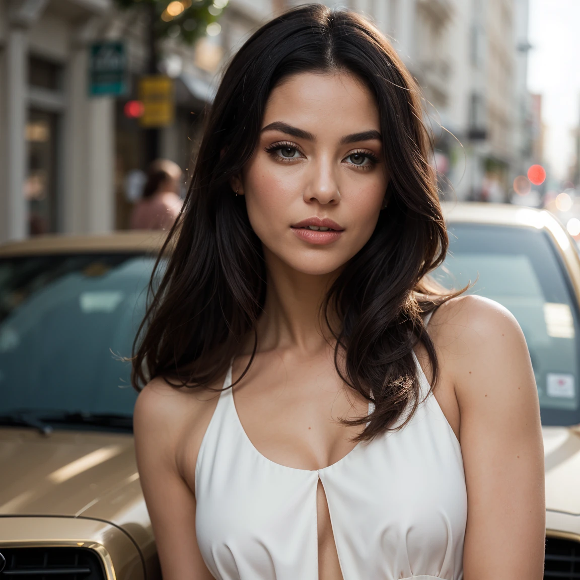 The image features a young woman with long, dark, wavy hair, seated in a car wearing a seatbelt. She has well-defined eyebrows, smoky eye makeup, and a subtle lip color. Her ears are adorned with large hoop earrings, and she's wearing a black and white striped top. The woman is looking directly at the camera, with a gentle, serene expression. The interior of the car has a beige color scheme.