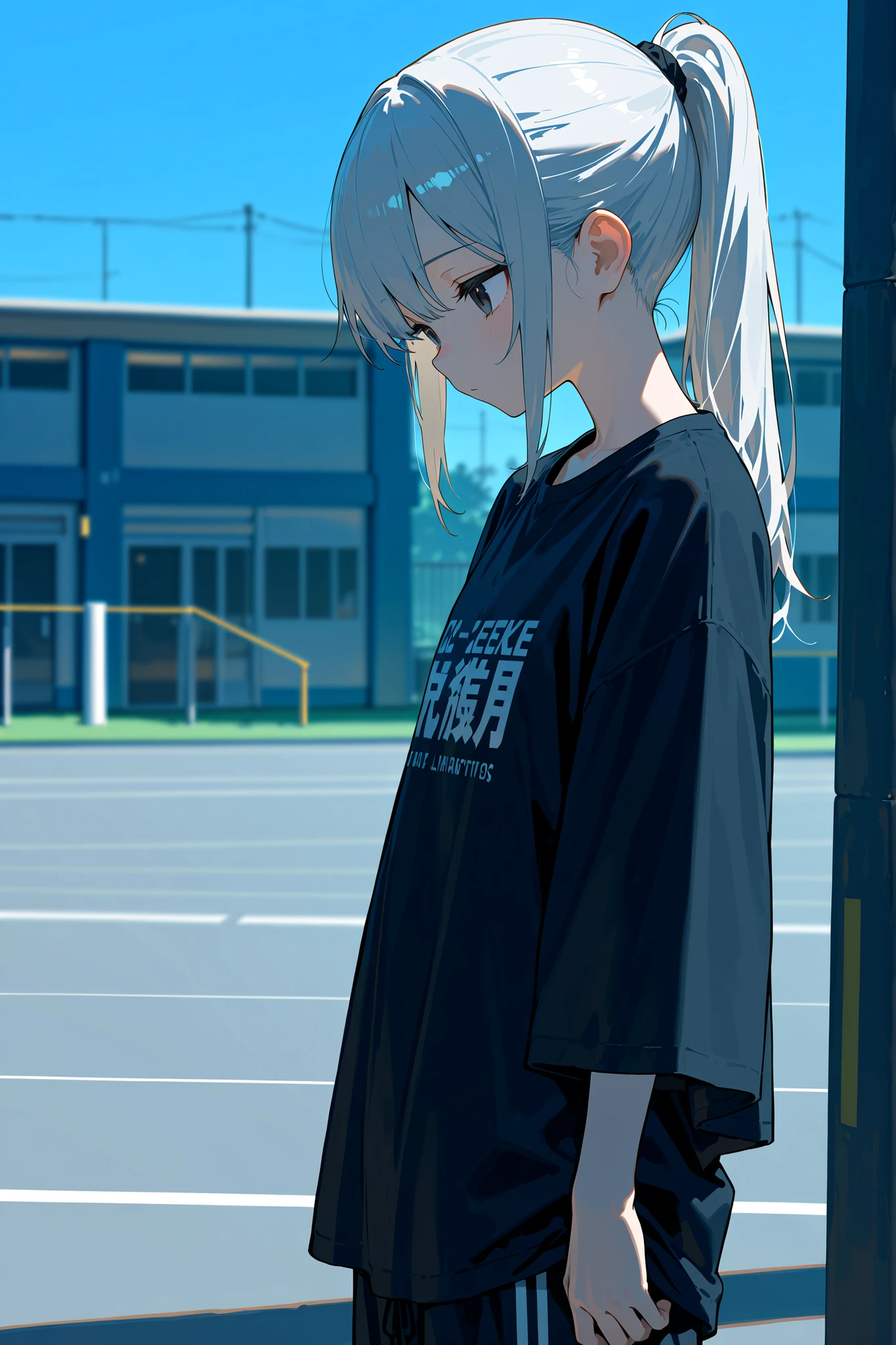 (masterpiece, sidelighting, finely detailed beautiful eyes: 1.2), ((best quality)), ((masterpiece)), (highly detailed:1.3), anime, outdoors, sports ground, (plain eyes: 1.2), flat chest, petite body, adult girl, apathetic, emotionless, darkened eyes, long hair, silver hair, ponytail, black eyes, hanging t-shirt, black shirt, ((oversized clothes)), loose sport pants, training, standing alone, side view, masterpiece, clean image, high res, HD, high quality
