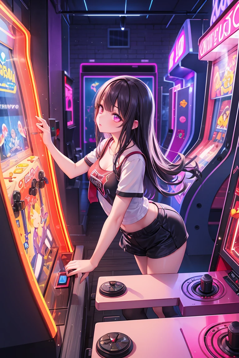 back view, Backwards、Butt、back、back of head、Hips、Hair back、Calf、Very Berry Shorts、Panty shot、arcade、game machine、Game bench、UFO Catcher、Purikura、Date、forehead、Girl、Girl、Short、Younger、Lower school year、Baby Face、flat chest、smile、Dynamic Angle、masterpiece、best quality、ultra-detail、There are customers around、I'm making a mess、Clothing、Fashionable glasses