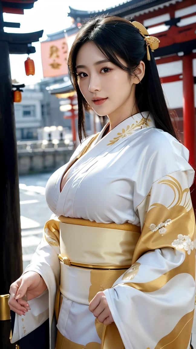 (((masterpiece))), ((Highest quality)), ((8k, Highest quality:1.2))、((masterpiece)), 美しいwoman, (Attractive Asian Model:1.0)、((8k, Highest quality:1.2))、((Images of Japan))、(((Holding a sword in his hand)))、Voluminous lips、((Big Breasts))、((Huge breasts))、((Perfect Face))、((masterpiece)), 美しいwoman, (Attractive Asian Model:1.0)、Highest quality, Ultra-high resolution, (Realistic: 1.4), RAW Photos, , Nikon D850 film stock photos, ((Intricately detailed)), perspective, Very detailed, figure, Perfect hands, Detailed fingers, Beautiful attention to detail, Oval face shape, ((woman)), woman戦士, Fantasy, Stern face,Black Hair, Big Breasts, (((Japanese white armor))), Iron-colored leg armor, , (((A sword hanging from his waist))), (Japanese Kimono),(Japanese Armor),Combat Accessories、(((background:Japanese Gardens)))、