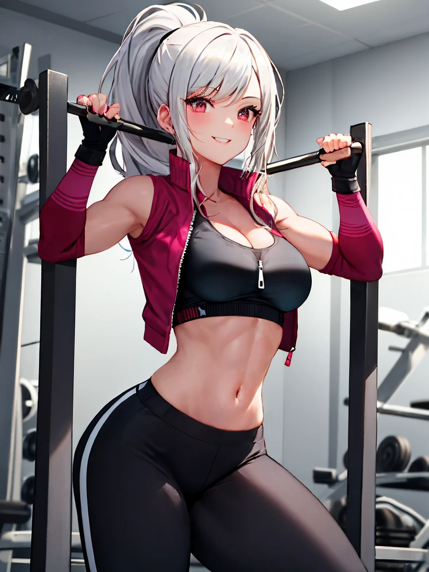 masterpiece, best quality, highres, 1girl, solo, sdsHel, red eyes, multicolored hair, horns, gym clothes, crop top, black shorts, <lora:hel-nvwls-v1:0.8>, gym, windows, <lora:add_detail:0.7>