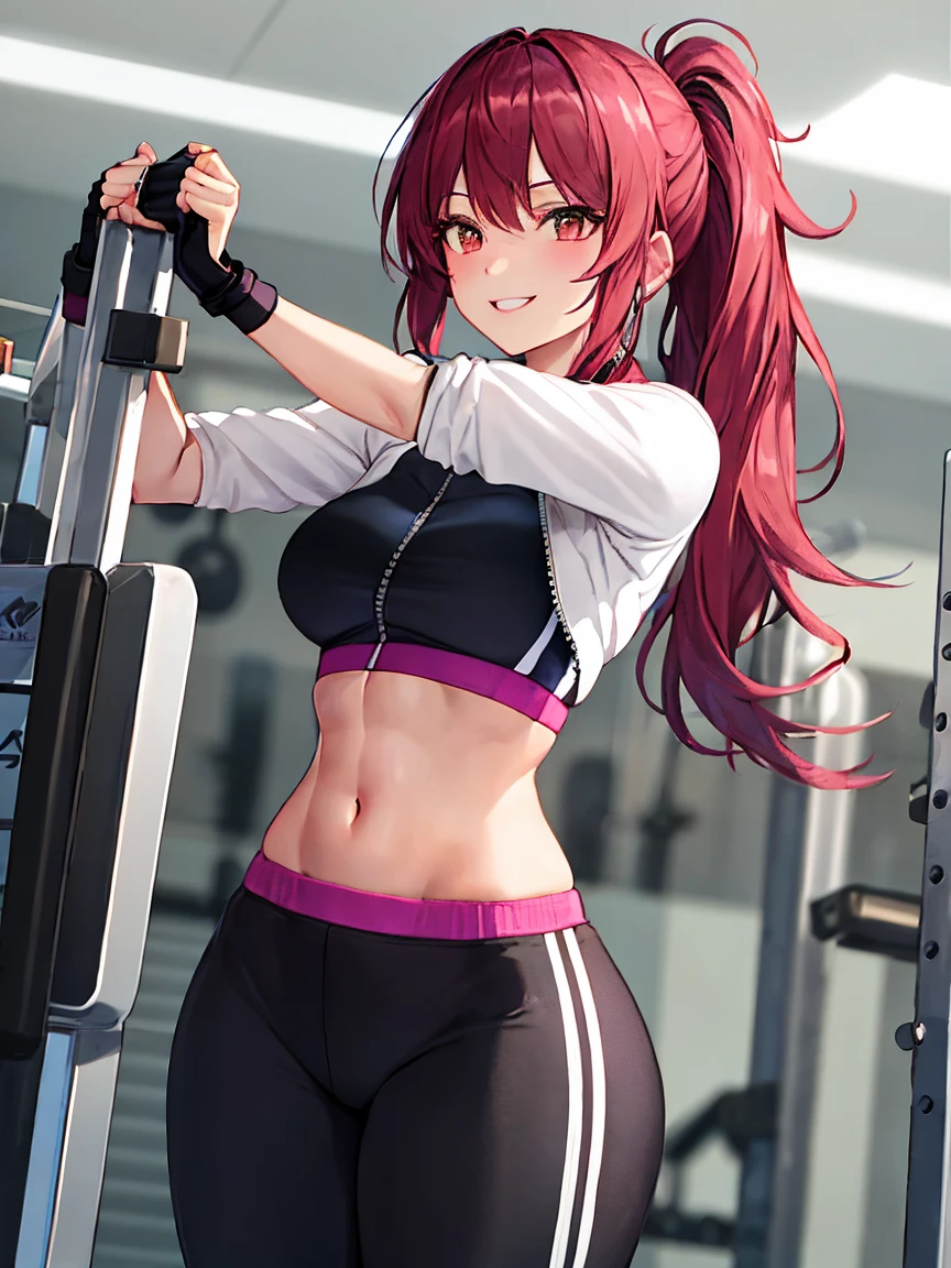 nezuko in gym clothes training intensely in a bodybuilding gym, buff, looking a viewer, weights