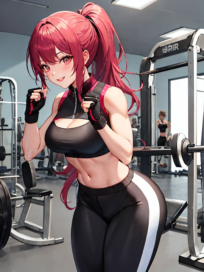 Young woman in tight clothes in a gym, the gym paid off and his chest and legs grew