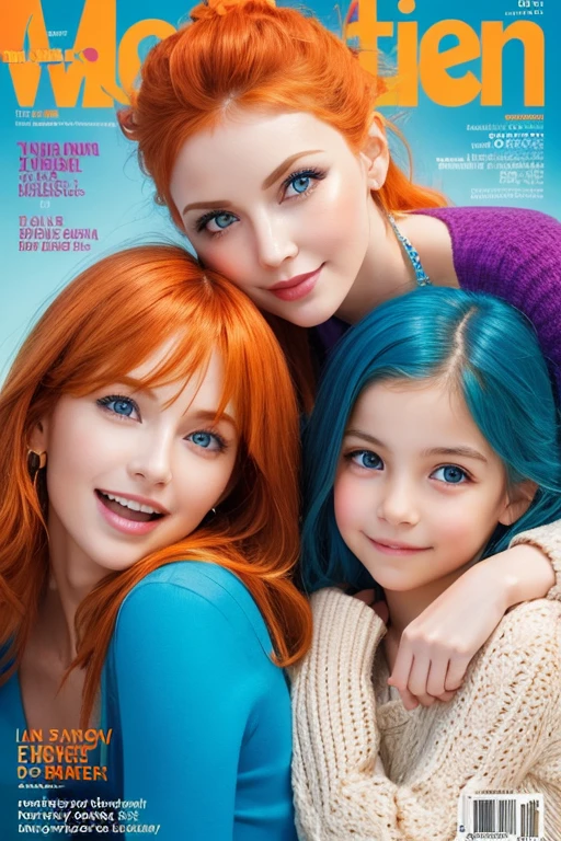 girls red-haired children WITH STRAIGHT HAIR, BACKGROUND blue peroil, ice very ice.