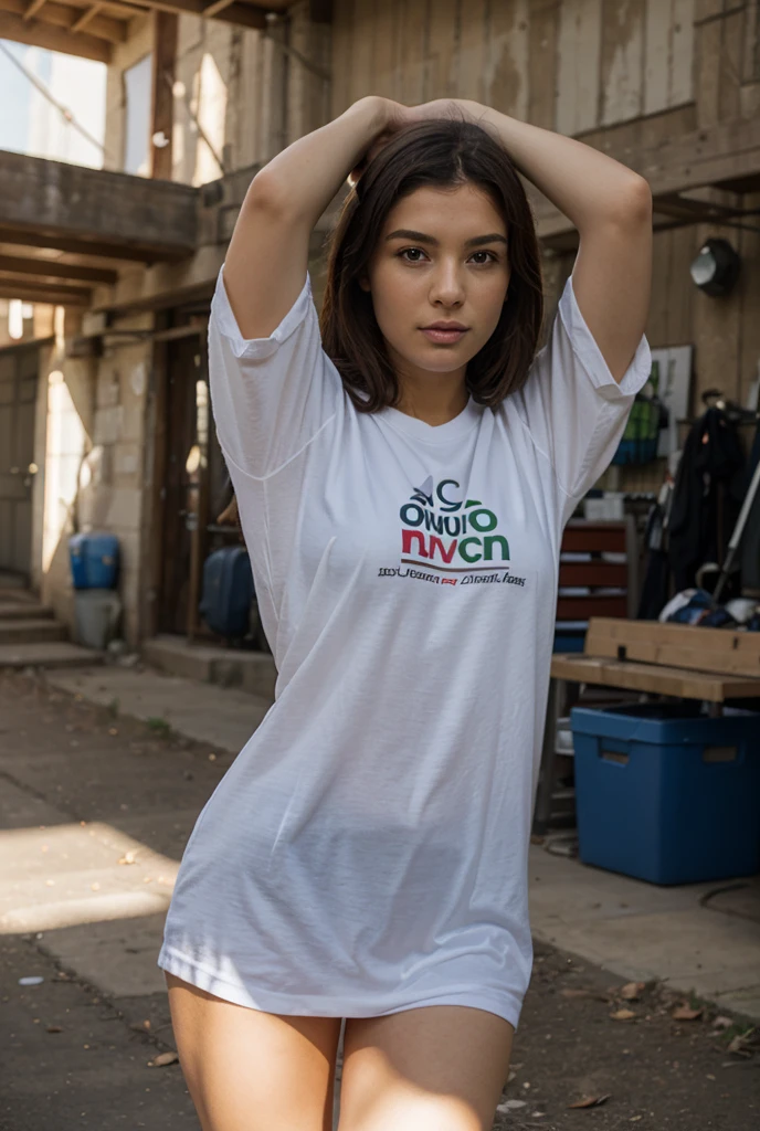fotografia de uma mulher de 19yo, rosto perfeito, standing on her feet, de camiseta