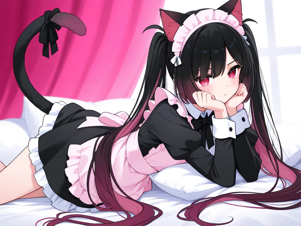 8k,highest quality,masterpiece , best quality , rory mercury, long hair, black hair, (red eyes:1.3), bangs, blunt bangs, hime cut,thighhighs, Lying in bed, 1girl, bow, ribbon, hair ribbon, garter straps, dress, black dress, puffy sleeves, frills, detached sleeves, necktie, red necktie, lipstick, purple lipstick,red eyes, black hair, long hair, gothic, ribbon, hair bow, garter straps, thighhighs, lipstick, gauntlets, puffy sleeves