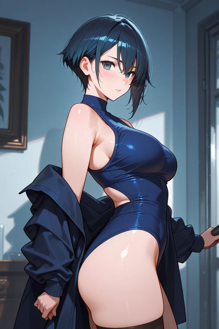 (((Masterpiece))),high resolution,absurdities,(((Best Quality))), Official Art, (perfect lighting), wallpaper, 16k, (anime style), (vivid colors), looking at the viewer, whole body, 1 girl, His skin color is white, Beautiful detailed eyes, Brown eyes, and black hair color, her hair is short, she has medium breasts, ((sagging breasts)), perfect and big butt, she is wearing a bikini, ((serious look, blush)), (sexy magpie pose 1:1), (any day background)